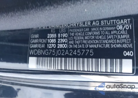 2002 Mercedes-Benz S 500 from USA, damaged, VIN WDBNG75J02A245775